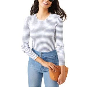 J. McLaughlin "Annette" Blue White Beige Sand Stripe Ribbed Lightweight Sweater
